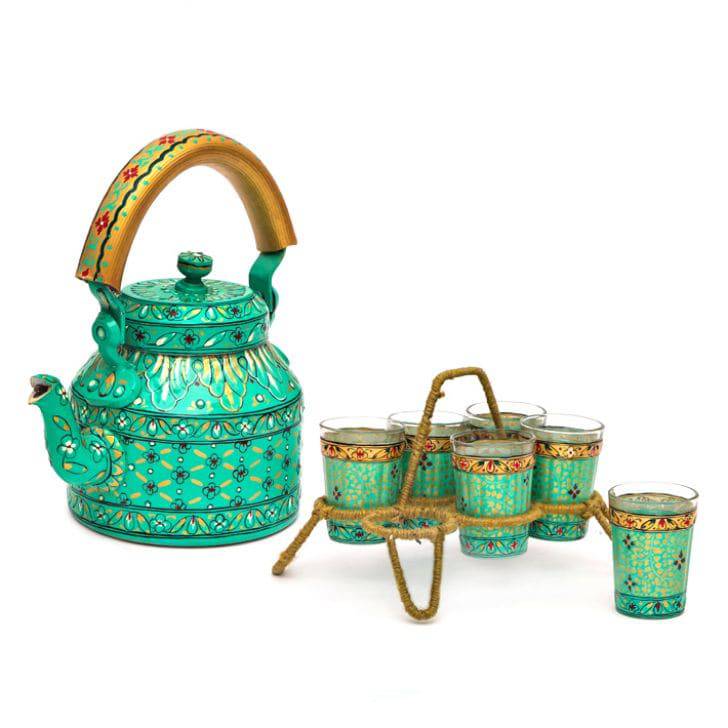 Hand Painted Tea Kettle with six glasses and stand : Eye Charmer - India shopping