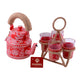 Hand Painted Tea Kettle with six glasses and stand:  Red Pichwai