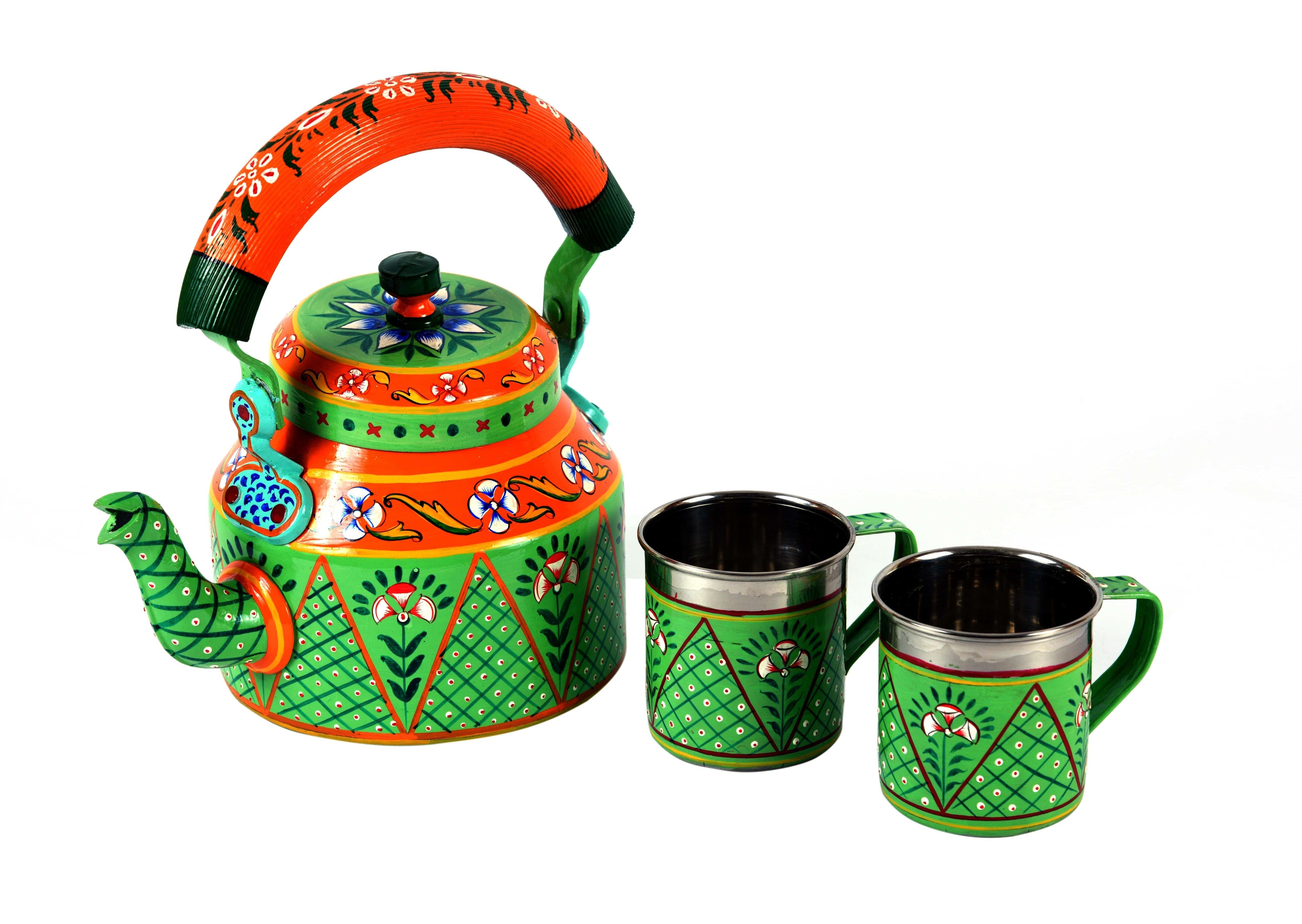 Hand Painted Tea Kettle With Two Tea Cups :  Mughal Garden - India shopping