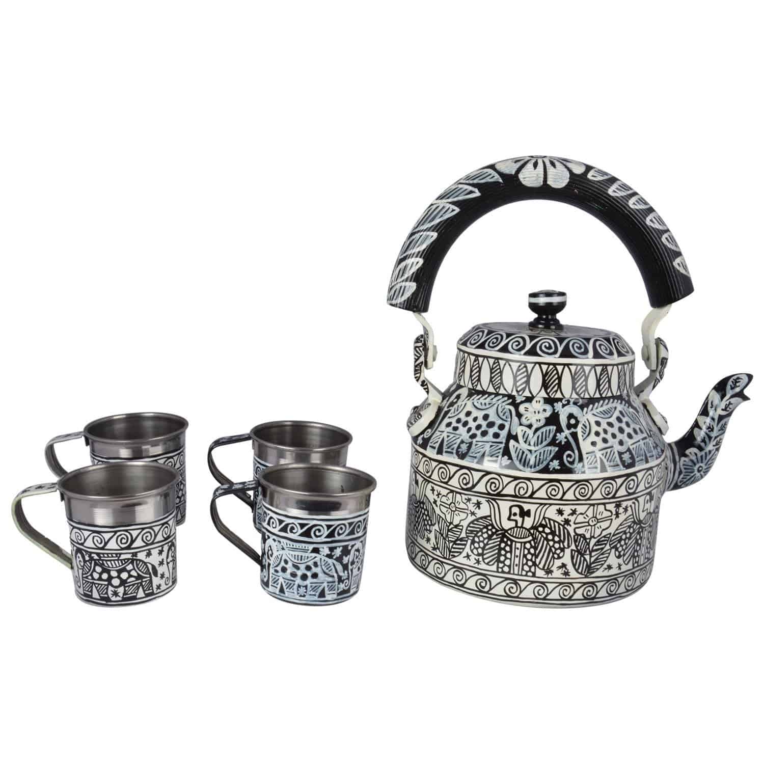 Hand Painted Tea Set : Black & White Madhubani - India shopping