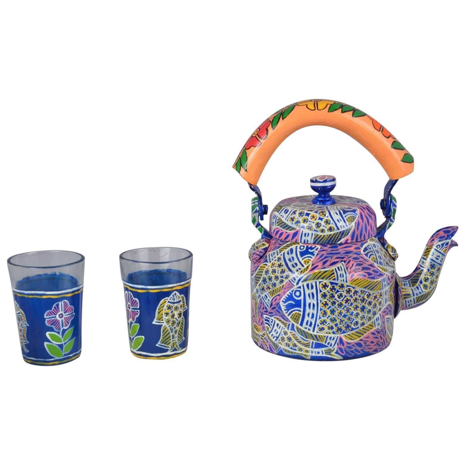 Hand Painted Tea Set For Two - Tea kettle with Two Tea Glasses: Fishomenia II - India shopping