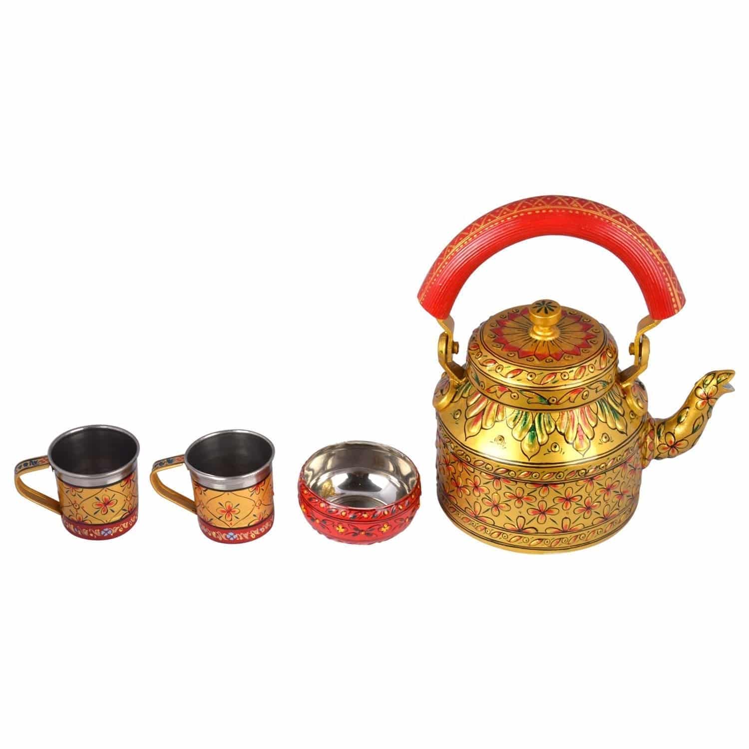 Hand Painted Tea Set : Golden glow Red - India shopping