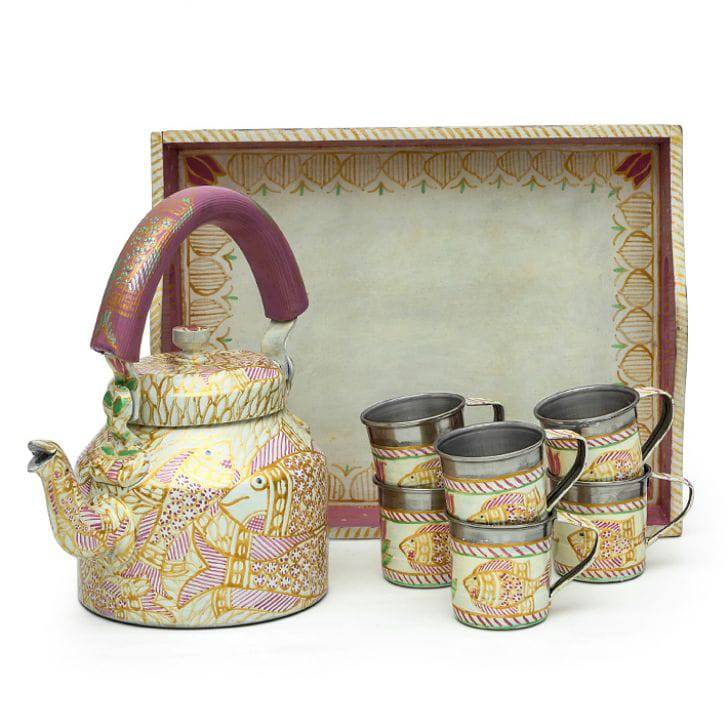 Hand Painted Tea Set: Pink Pond - India shopping