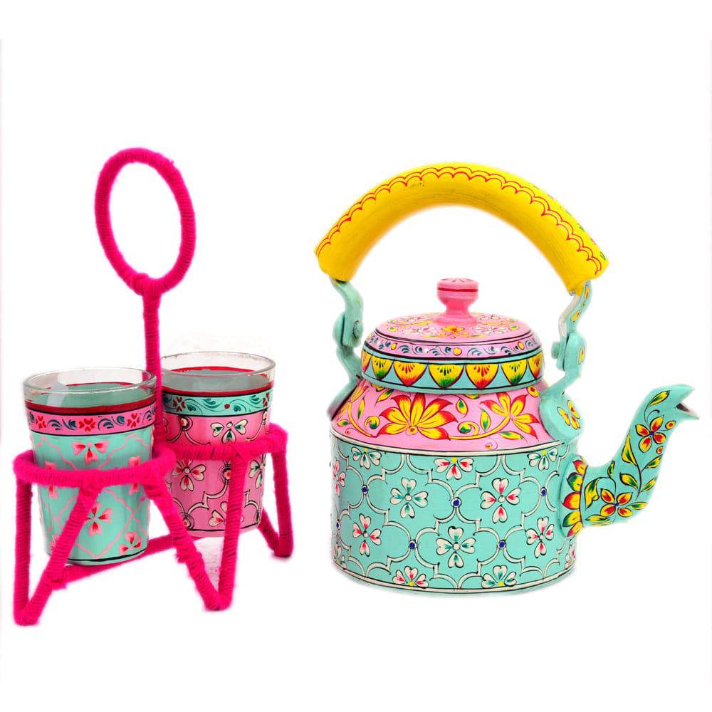 Hand Painted Tea set with Tea glasses and stand : Pink & Aqua Green Tea Set - India shopping