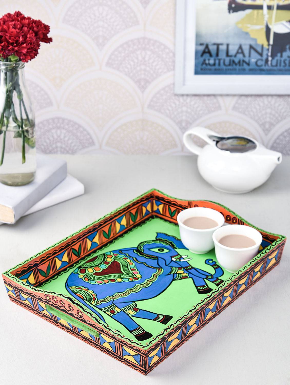 Hand Painted Tray Blue Elephant Madhubani Art - India shopping