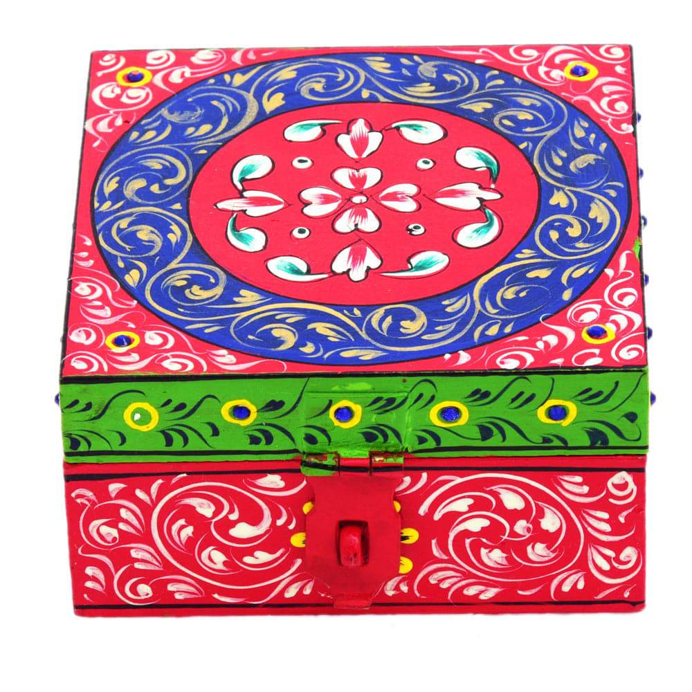 Hand painted Wooden Square Box : Jewelry Box, Red Knick-Knack Box - India shopping