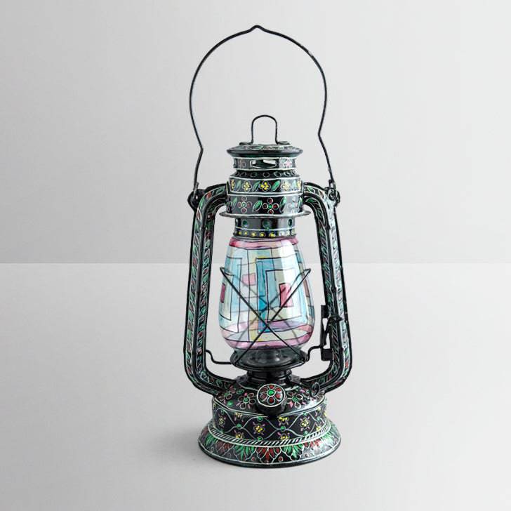 Hand Painted Hurricane Oil Lantern: Black - India shopping