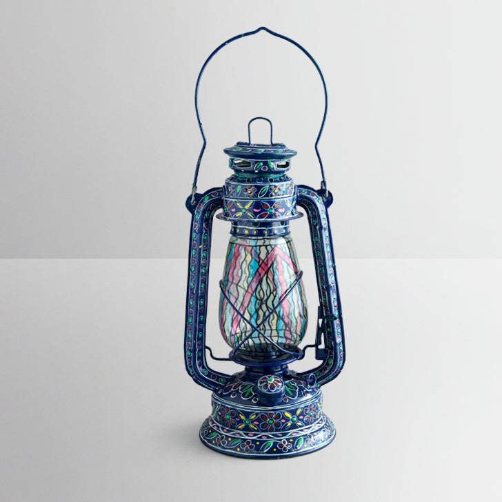 Hand Painted Hurricane Oil Lantern: Blue - India shopping