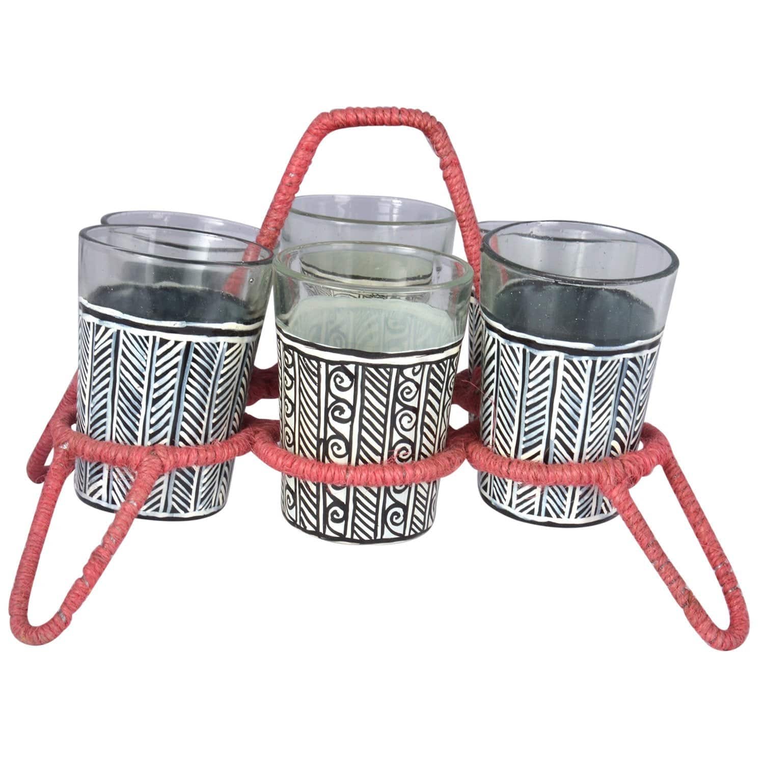 Hand Painted tea glass set of six with stand ; "Chikha with glasses" : Madhbuni - India shopping