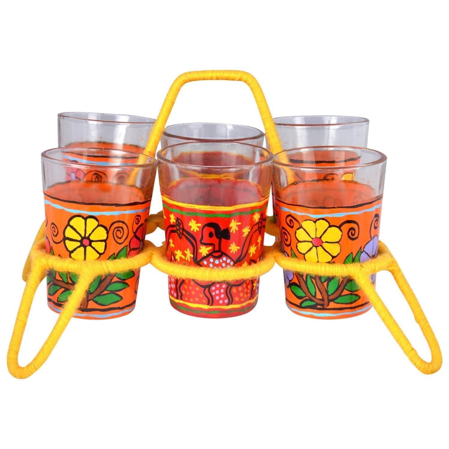 Hand Painted tea glass set of six with stand ; "Chikha with glasses" : Madhbuni - India shopping