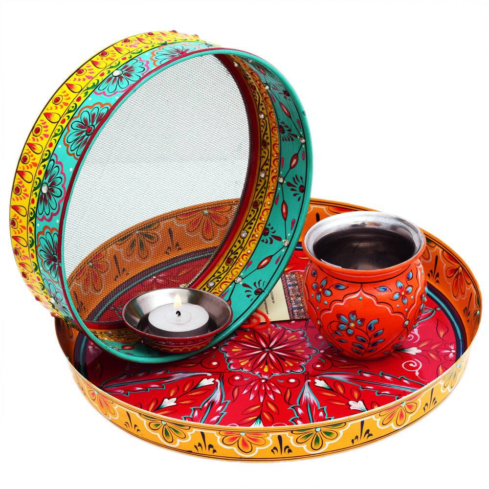 Karwa Chauth set - Plate, Chalni, Diya and Kalash - India shopping