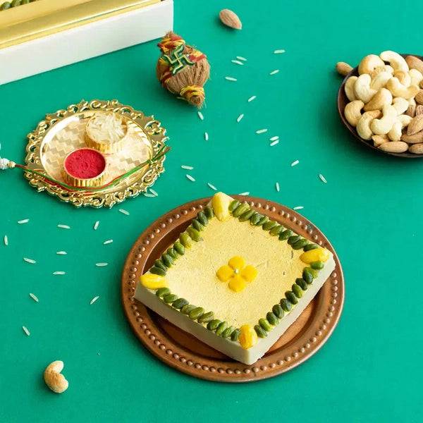 Gold Kaju Katli, Rajputana Rakhi, and Dry Fruit Combo - India shopping