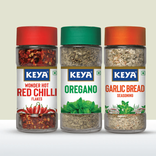 Keya Herb and Seasonings Combo Oregano 15g, Garlic Bread Seasoning 50g, Red Chilli Flakes 40g  Pack of 3, - 120 gms - India shopping