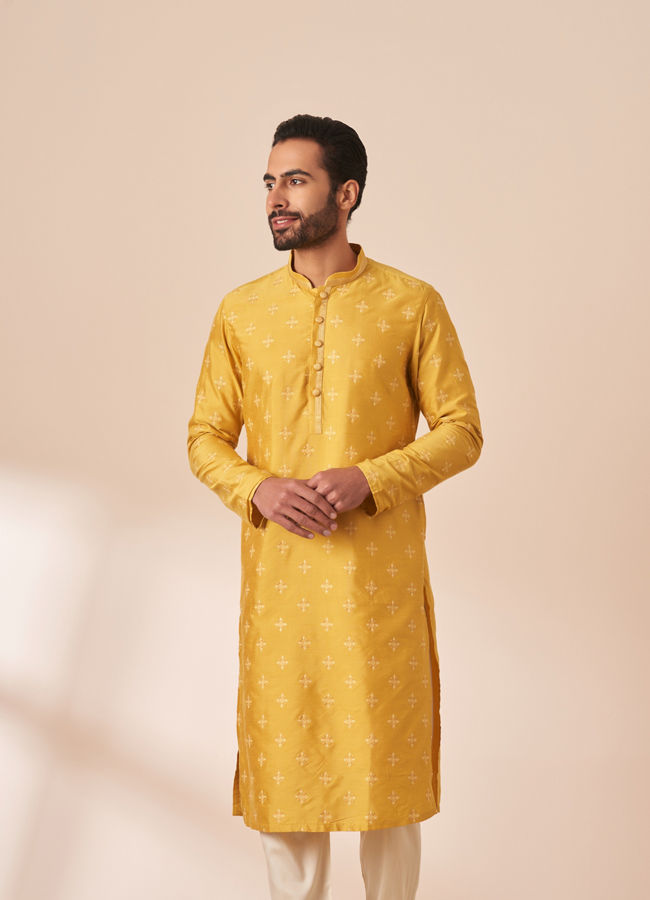 Manyawar Yolk Yellow Self Design Kurta Pajama