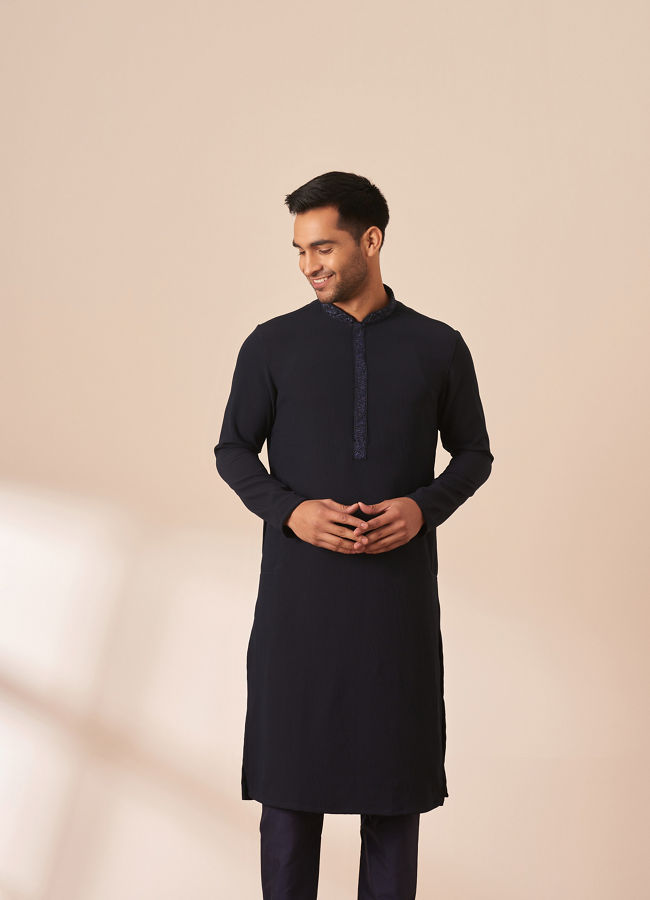 Manyawar Dark Blue Plain Kurta Pajama - India shopping