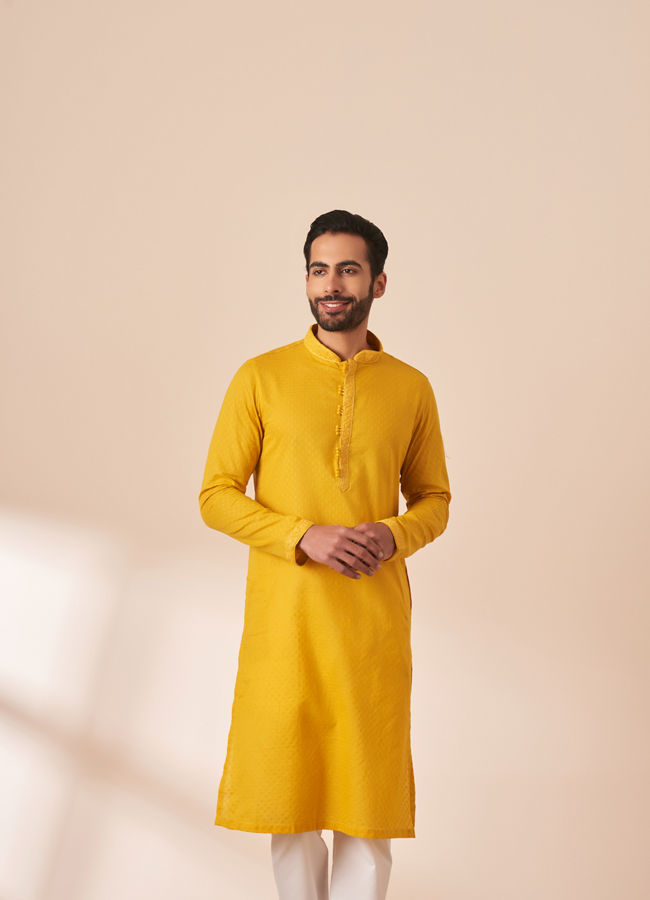 Manyawar Yolk Yellow Booti Self Motif Kurta Pajama