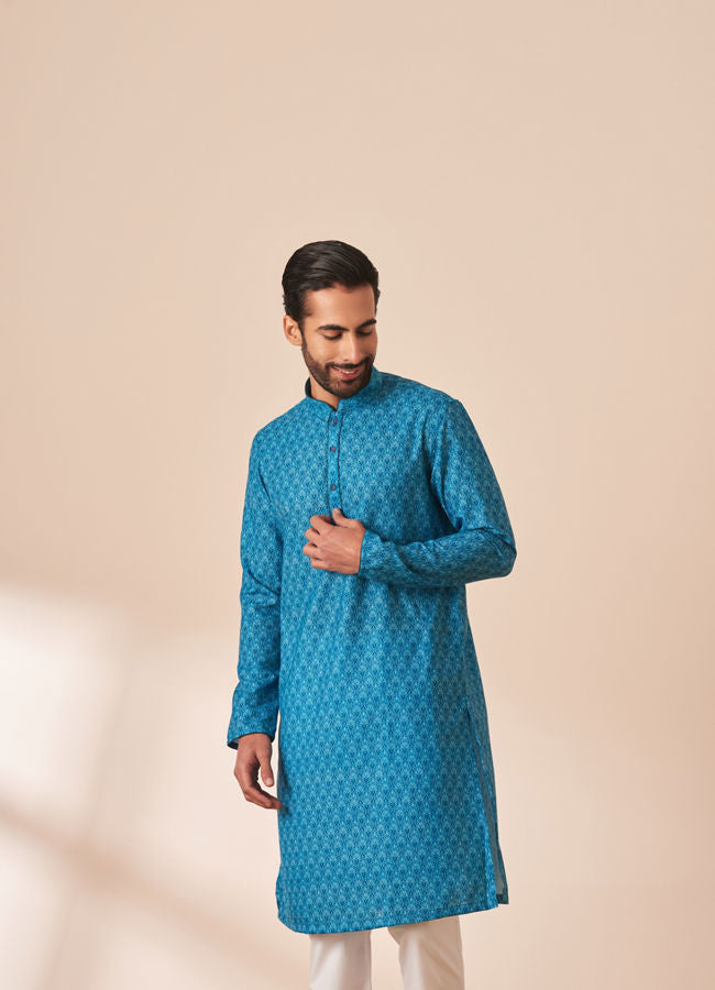 Manyawar Ocean Blue Printed Kurta