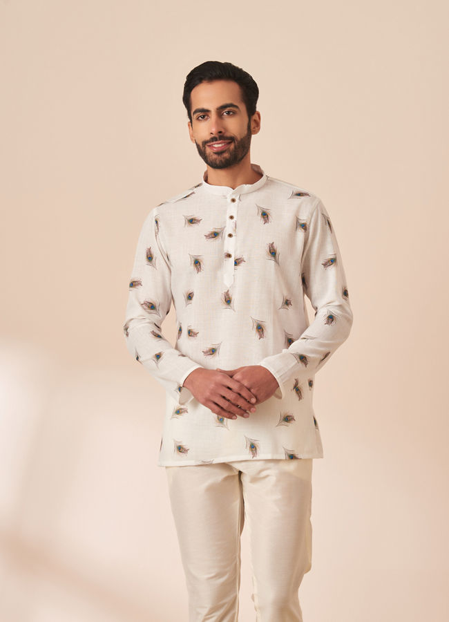 Manyawar White Peacock Motif Short Kurta