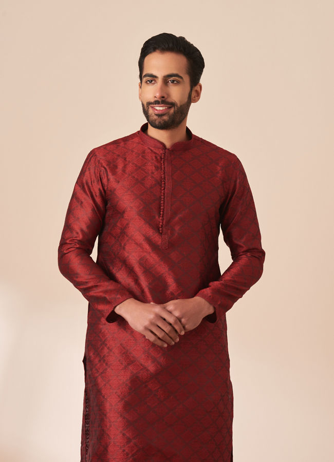 Manyawar Dark Maroon Jacquard Kurta Pajama - India shopping