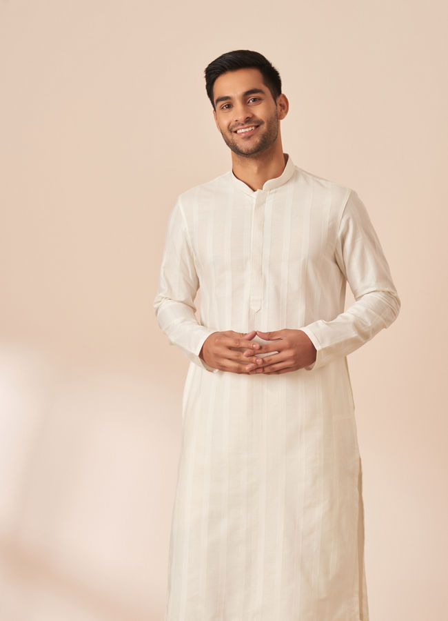 Manyawar Pearl White Self Striped Kurta Pajama