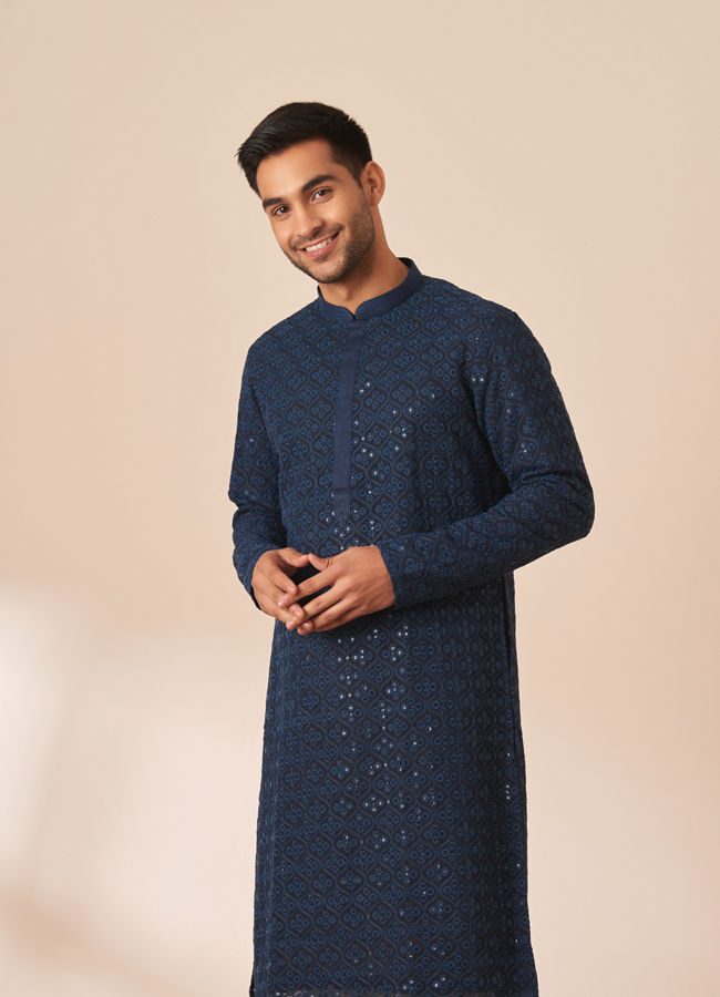 Manyawar Blue Chikankari Sequins Embroidered Kurta Pajama