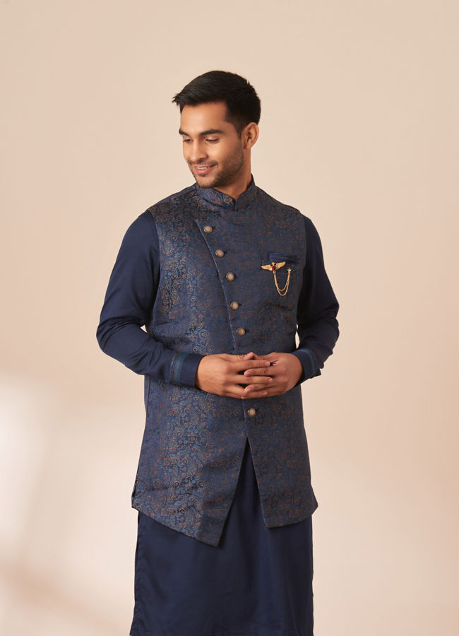 Manyawar Sapphire Blue Paisley Kurta Jacket Set