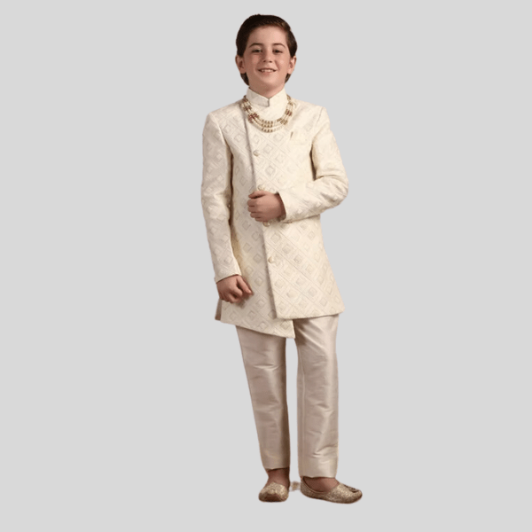 Manyavar Boys Ivory White Diamond Patterned Angrakha Style Indo Western Set | Kids Premium Outfit - India shopping