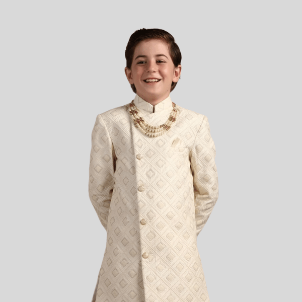 Manyavar Boys Ivory White Diamond Patterned Angrakha Style Indo Western Set | Kids Premium Outfit - India shopping