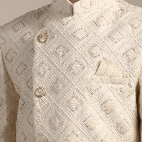 Manyavar Boys Ivory White Diamond Patterned Angrakha Style Indo Western Set | Kids Premium Outfit - India shopping