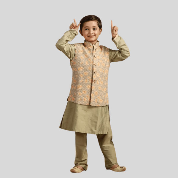 Boys Pistachio Green Kurta with Beige Floral Sequined Jacket - India shopping