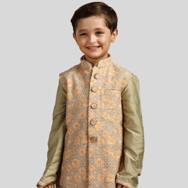 Boys Pistachio Green Kurta with Beige Floral Sequined Jacket - India shopping