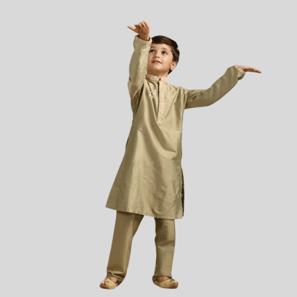 Boys Pistachio Green Kurta with Beige Floral Sequined Jacket - India shopping