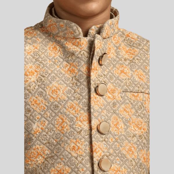 Boys Pistachio Green Kurta with Beige Floral Sequined Jacket - India shopping