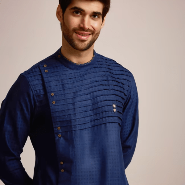 Manyavar Sophisticated Blue Chequred Kurta - India shopping