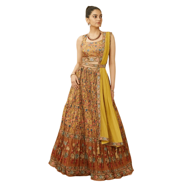 Manyavar Mustard Yellow Floral Printed Skirt Top Set - India shopping