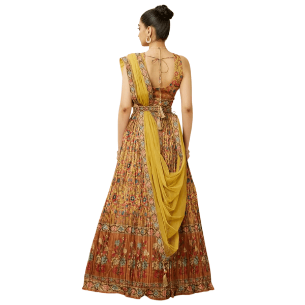 Manyavar Mustard Yellow Floral Printed Skirt Top Set - India shopping