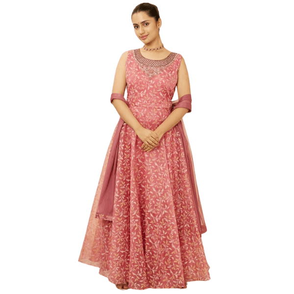 Manyavar Shell Pink Botanical Patterned Gown - India shopping