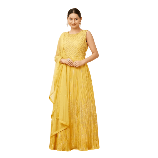 Manyavar Sunshine Yellow Foiled Gold Print Anarkali Suit - India shopping