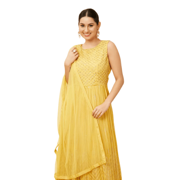 Manyavar Sunshine Yellow Foiled Gold Print Anarkali Suit - India shopping