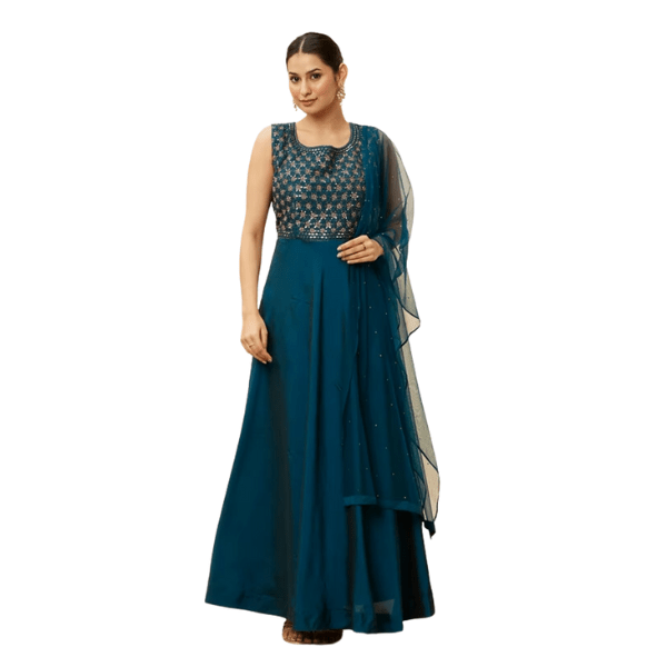 Manyavar Teal Blue Embellished Empire Waist Dress - India shopping