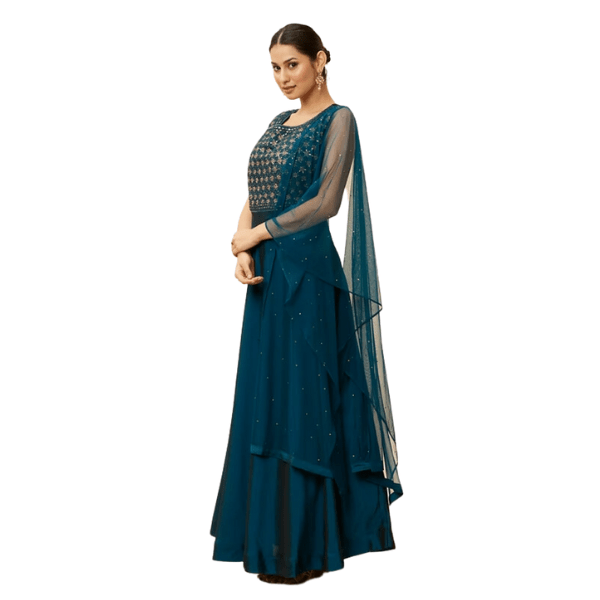 Manyavar Teal Blue Embellished Empire Waist Dress - India shopping