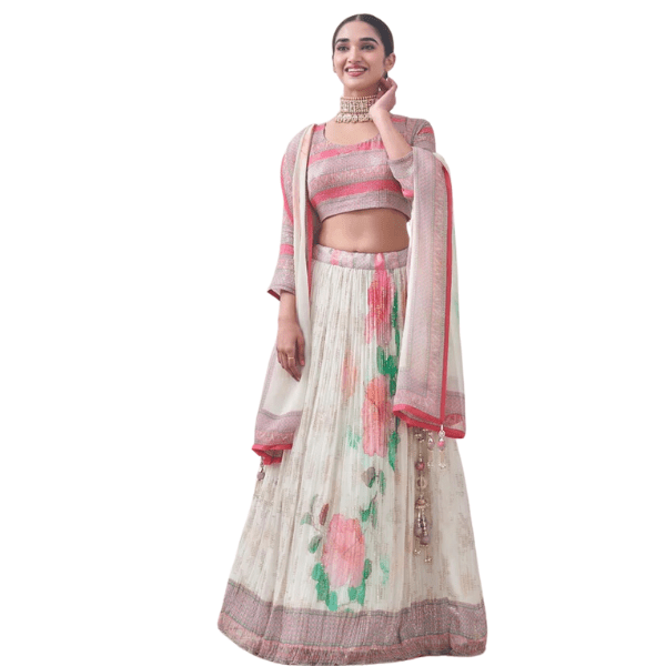 Manyavar  Ready to Wear Floral Cream and Pink Patterned Lehenga - India shopping