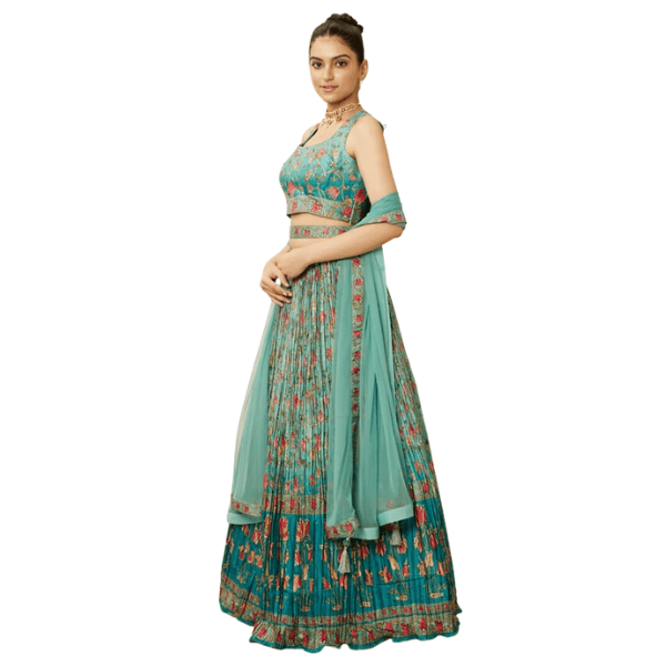 Manyavar Sea Green Floral Printed Skirt Top Set - India shopping