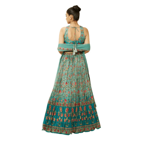 Manyavar Sea Green Floral Printed Skirt Top Set - India shopping