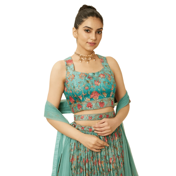 Manyavar Sea Green Floral Printed Skirt Top Set - India shopping