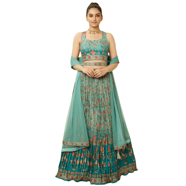 Manyavar Sea Green Floral Printed Skirt Top Set - India shopping