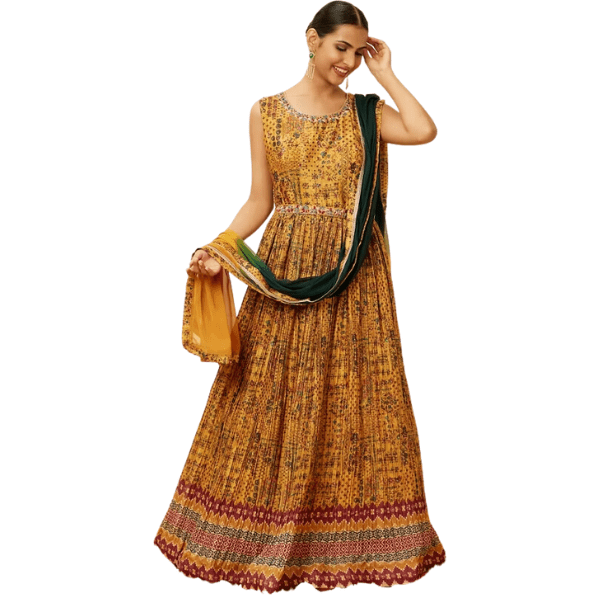 Manyavar Mustard Yellow Abstract Print Indo-Western Suit - India shopping