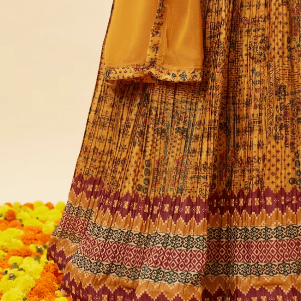 Manyavar Mustard Yellow Abstract Print Indo-Western Suit - India shopping