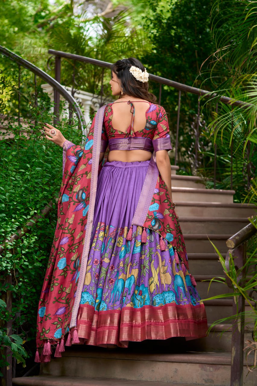 New Dola Silk Lehenga Choli Kalamkari Print With Zari Weaving Border | Ready To Wear