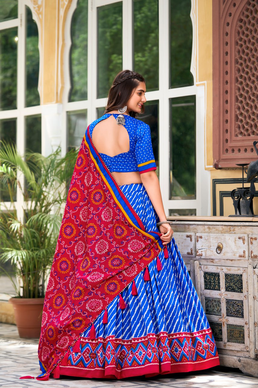 New Tussar Silk Lehenga Choli Leheriya With Patola Print Border  | Ready To Wear